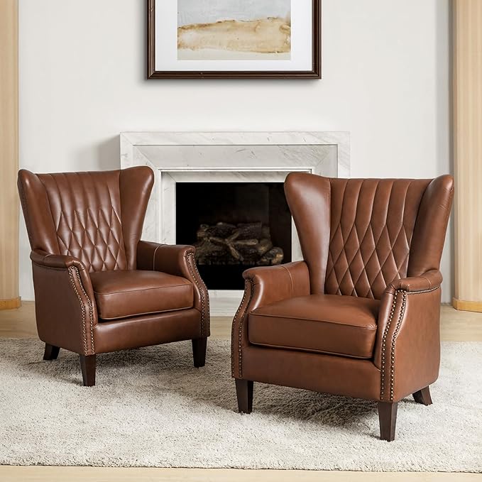 Classic Brown Leather Wingback Accent Chair (Set of 2)