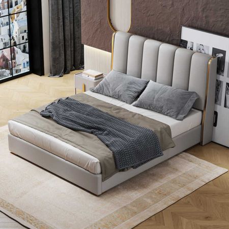 Modern Luxury Upholstered Wingback Bed with Vertical Panel Headboard