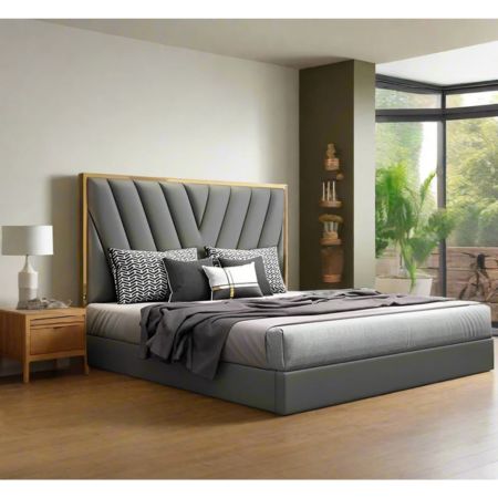 Modern Luxury Grey Upholstered Bed with Geometric Channel-Tufted Headboard