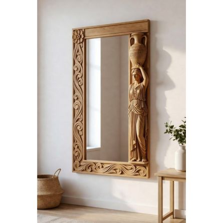 Royal Hand-Carved Wooden Wall Mirror with Lady Sculpture