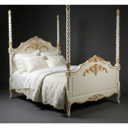 Royal Heritage Carved Four Poster Bed – Antique White & Gold Finish