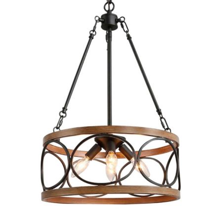 Industrial Rustic Wood & Metal Ring Chandelier
