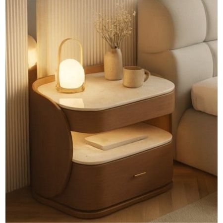 Modern Wooden Bedside Side Table with Open Shelf & Drawer