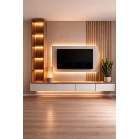 Modern Floating LED TV Unit with Display Shelves & Ambient Lighting