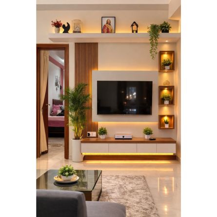 Modern Wall-Mounted TV Unit with Floating Console & LED Display Shelves