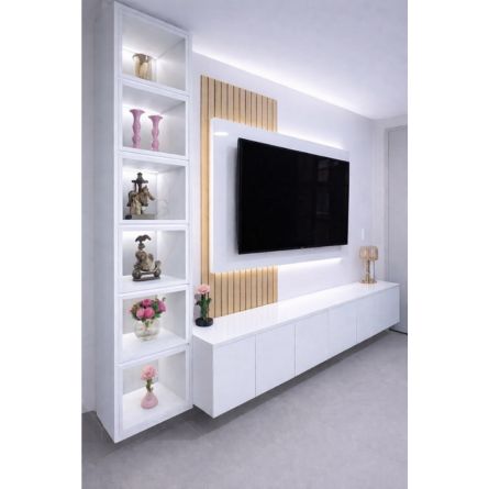 Modern White Wall-Mounted TV Unit with Display Shelves & Floating Storage Cabinet