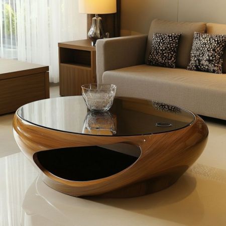 Modern Oval Wooden Center Table with Glass Top