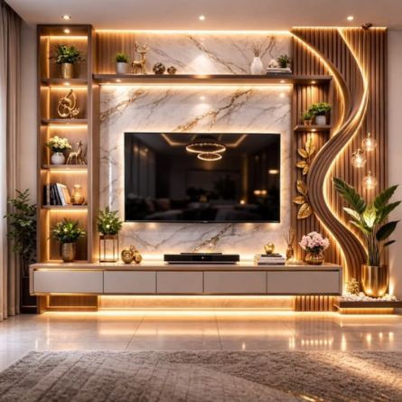 Luxury Marble Finish Wall-Mounted TV Unit with LED Display Shelves & Floating Console