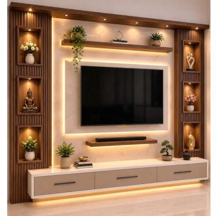 Premium Wall-Mounted TV Unit with LED Display Shelves & Floating Storage Console