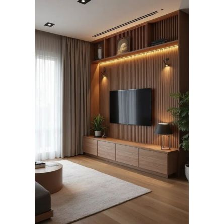 Modern Wooden Wall-Mounted TV Unit with Fluted Panel & Floating Storage Cabinet