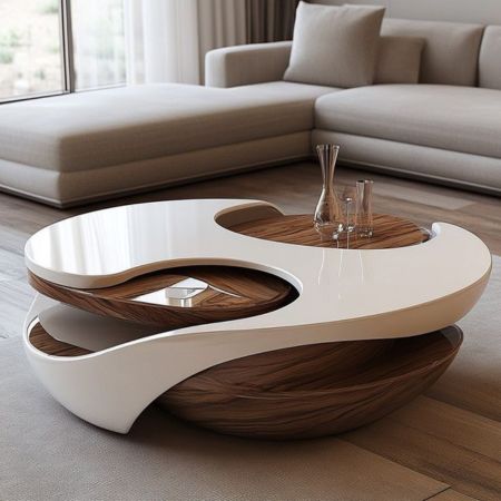 Modern Wooden Center Table with Dual-Layer Rotating Design