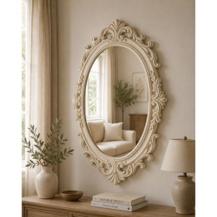 Vintage Oval Carved Wooden Wall Mirror – Decorative Vanity Mirror