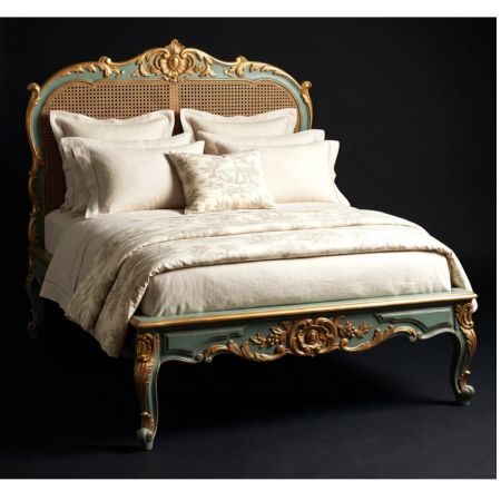 Luxury French Cane Bed – Teal & Antique Gold Finish