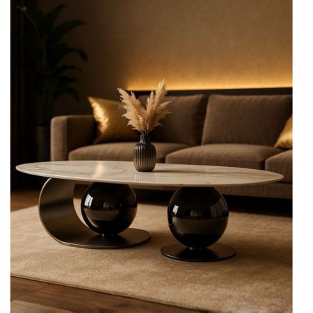 Modern Wooden Center Table with Marble Finish Top