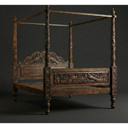 Royal Peacock Hand-Carved Solid Sheesham Wood Bed - Image 2