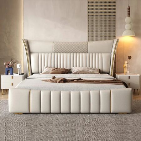 Luxury White Upholstered Wingback Bed with Vertical Channel Tufting