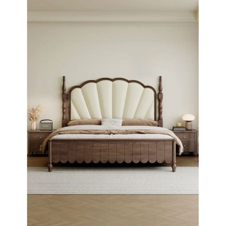 Luxury Scallop Upholstered Wooden Bed with Premium Curved Headboard