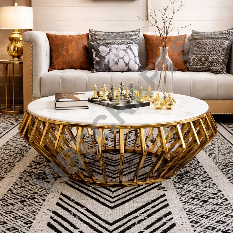 Luxury Round Marble Centre Table with Gold Metal Base - Image 6