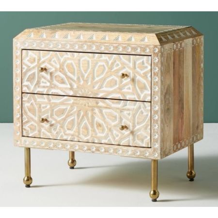 Handcrafted Carved Wooden 2-Drawer Side Table