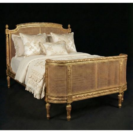 Luxury Handcrafted Cane & Solid Wood Bed – Antique Gold Finish