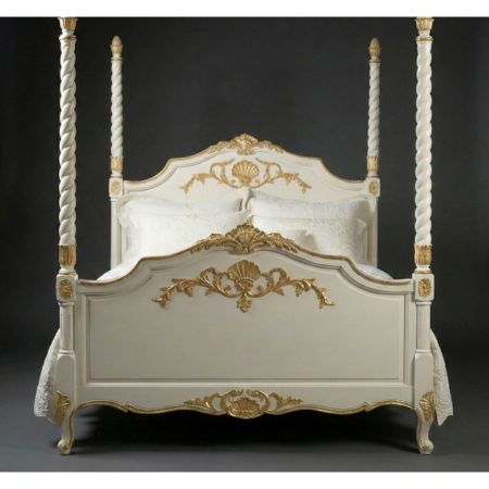 Royal Heritage Carved Four Poster Bed – Antique White & Gold Finish - Image 5