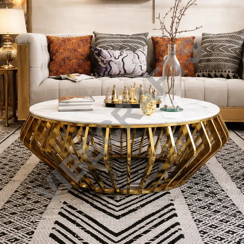 Luxury Round Marble Centre Table with Gold Metal Base - Image 2