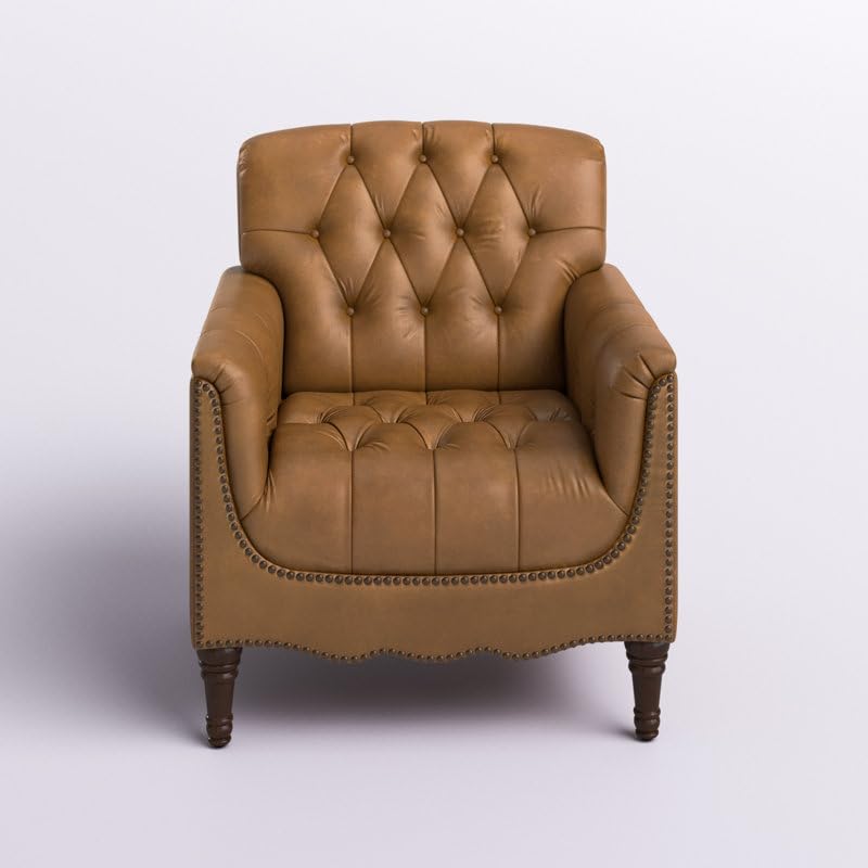 Classic Chesterfield Tufted Leather Accent Armchair – Tan Brown - Image 6