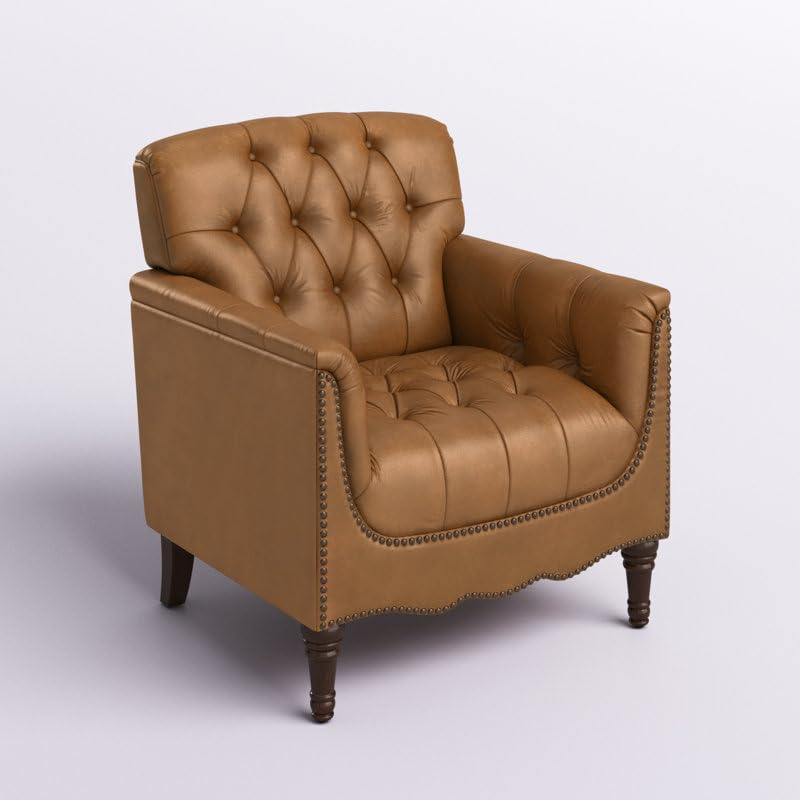 Classic Chesterfield Tufted Leather Accent Armchair – Tan Brown - Image 2