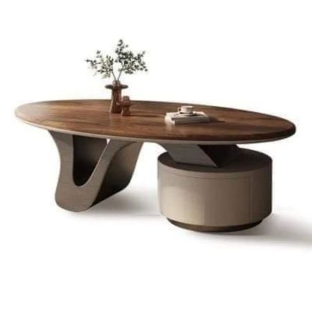 Modern Oval Wooden Center Table with Sculptural Base