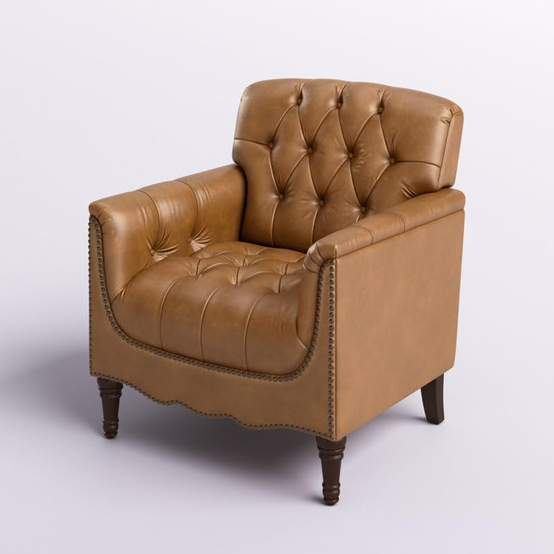 Classic Chesterfield Tufted Leather Accent Armchair – Tan Brown - Image 3