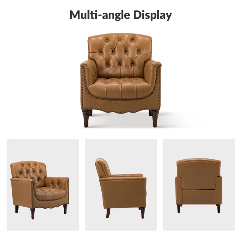 Classic Chesterfield Tufted Leather Accent Armchair – Tan Brown - Image 4