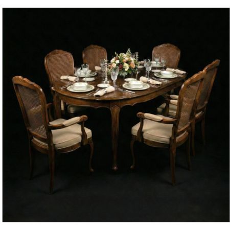 Classic Solid Wood Oval 6-Seater Dining Table Set with Cane Back Chairs