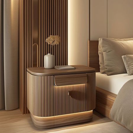 Modern Fluted Wooden Bedside Table with LED Accent Light