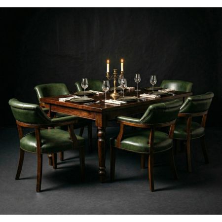 Vintage Solid Wood 6-Seater Dining Table Set with Green Leather Chairs