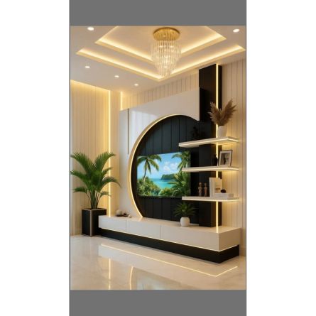 Modern Luxury LED TV Unit with Circular Accent Panel & Floating Shelves
