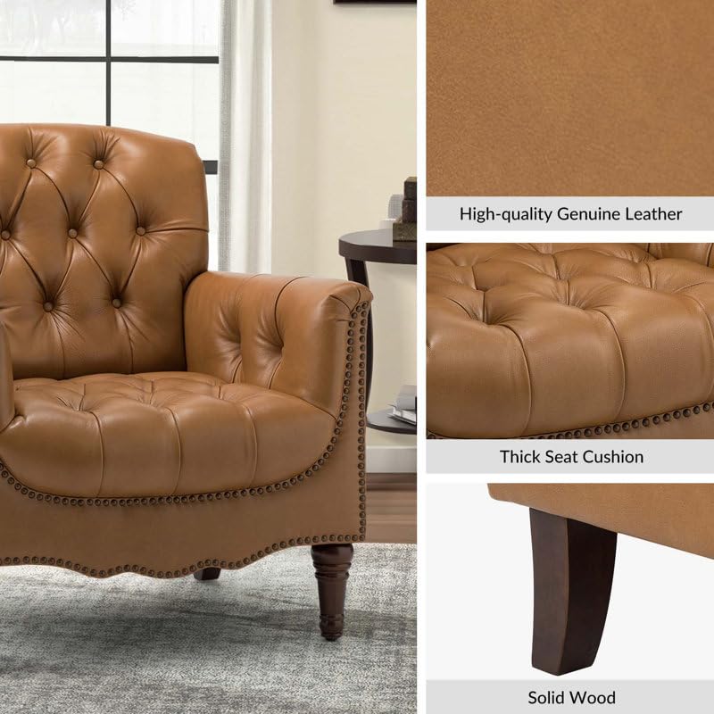 Classic Chesterfield Tufted Leather Accent Armchair – Tan Brown - Image 7