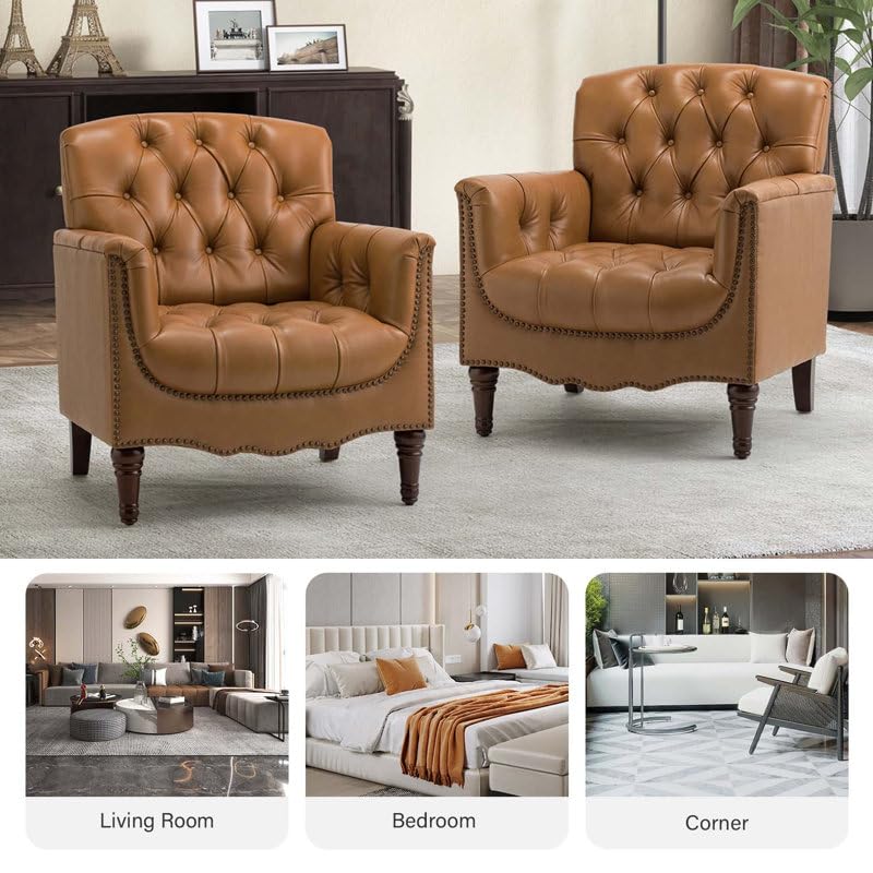 Classic Chesterfield Tufted Leather Accent Armchair – Tan Brown - Image 5