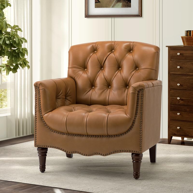 Classic Chesterfield Tufted Leather Accent Armchair – Tan Brown