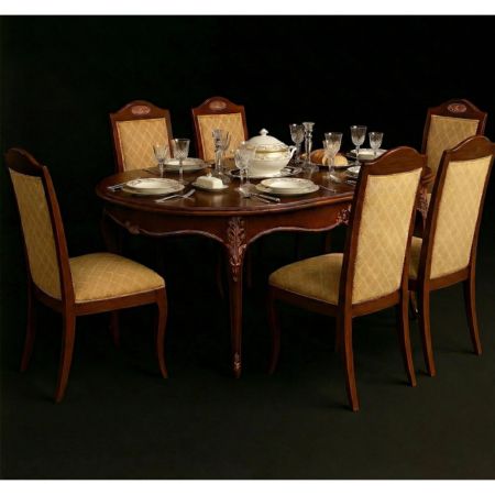 Classic Solid Wood Round 6-Seater Dining Table Set with Upholstered Chairs