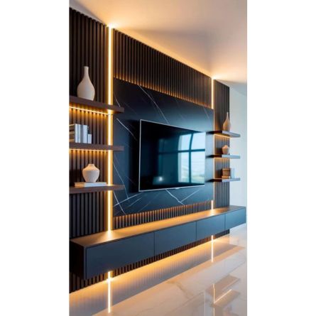 Modern LED Entertainment Unit with Fluted Wall Panels & Floating TV Console