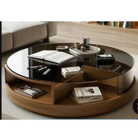 Modern Round Wooden Center Table with Glass Top & Open Storage