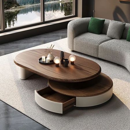 Modern Oval Wooden Center Table with Storage Drawer