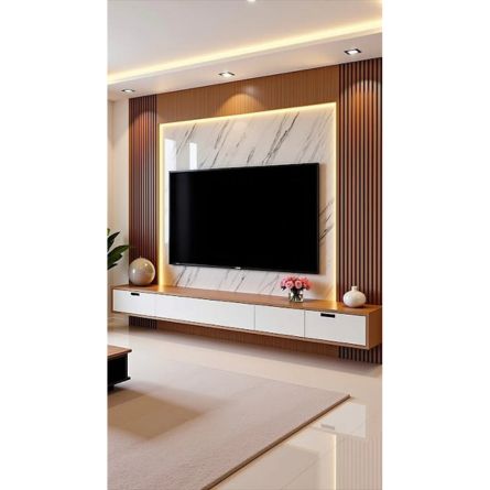 Modern Marble LED TV Unit with Fluted Wall Panels & Floating Console