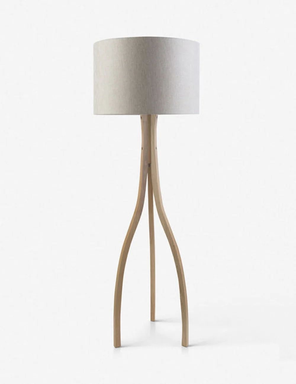 Contemporary Curved Wooden Floor Lamp with Linen Drum Shade