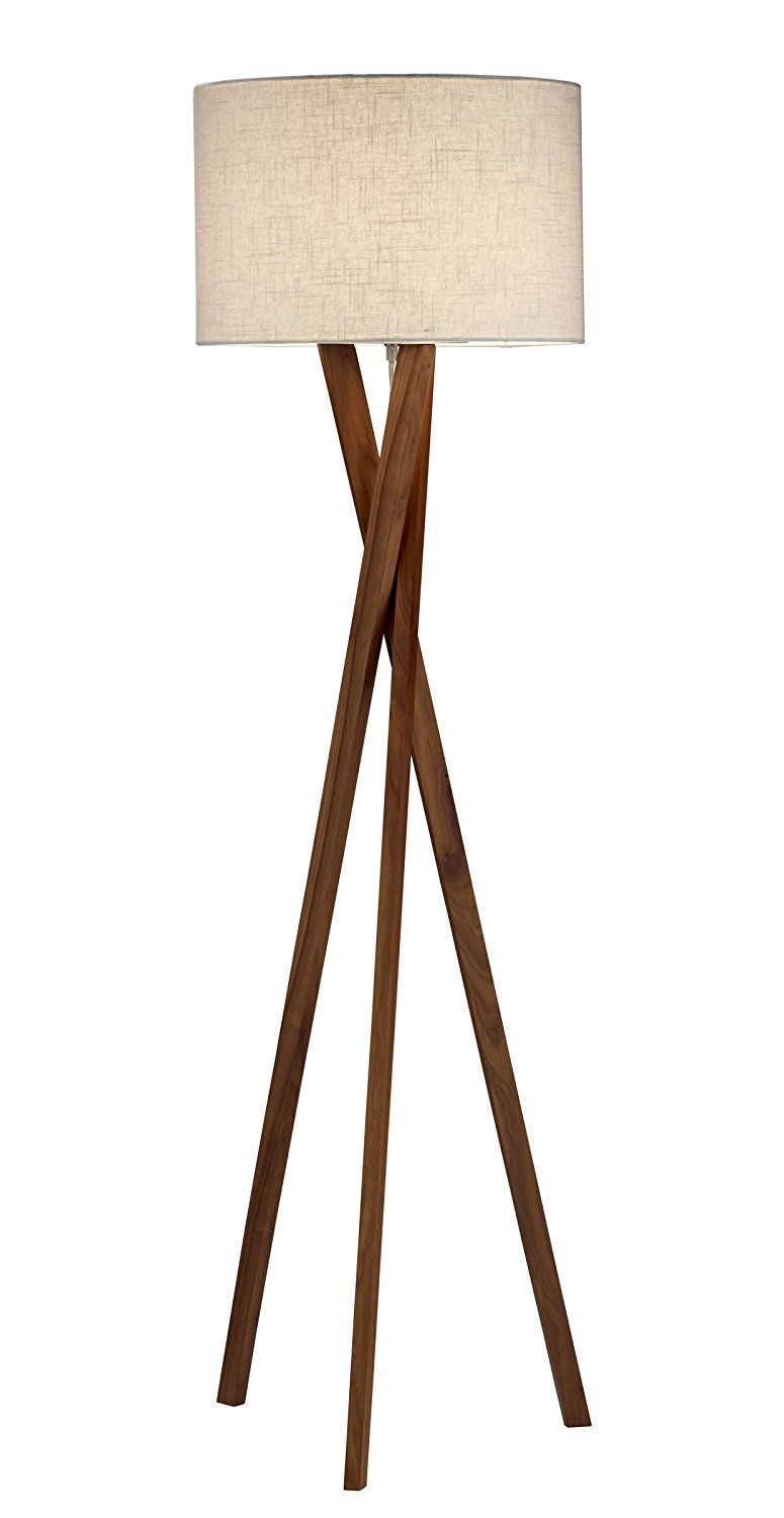Modern Wooden Tripod Floor Lamp with Linen Drum Shade