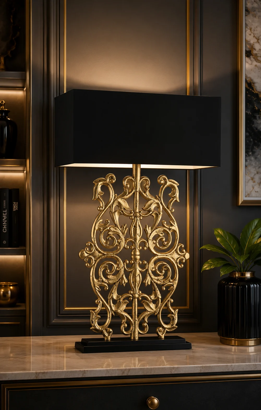 Royal Baroque Gold Table Lamp with Black Fabric Shade - Image 2
