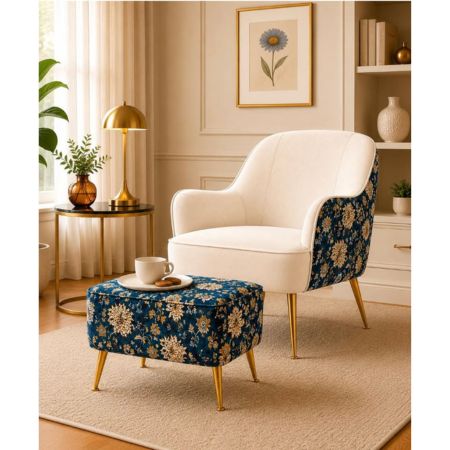 Luxury Floral Upholstered Ottoman with Gold Legs