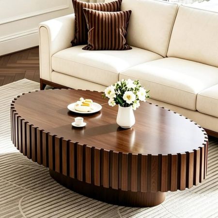 Modern Oval Fluted Wooden Coffee Table