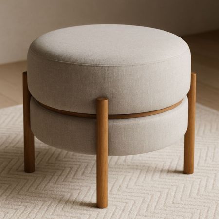 Modern Round Upholstered Ottoman with Solid Wood Legs