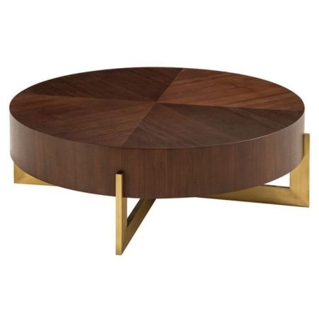 Modern Round Wooden Coffee Table with Gold Metal Base